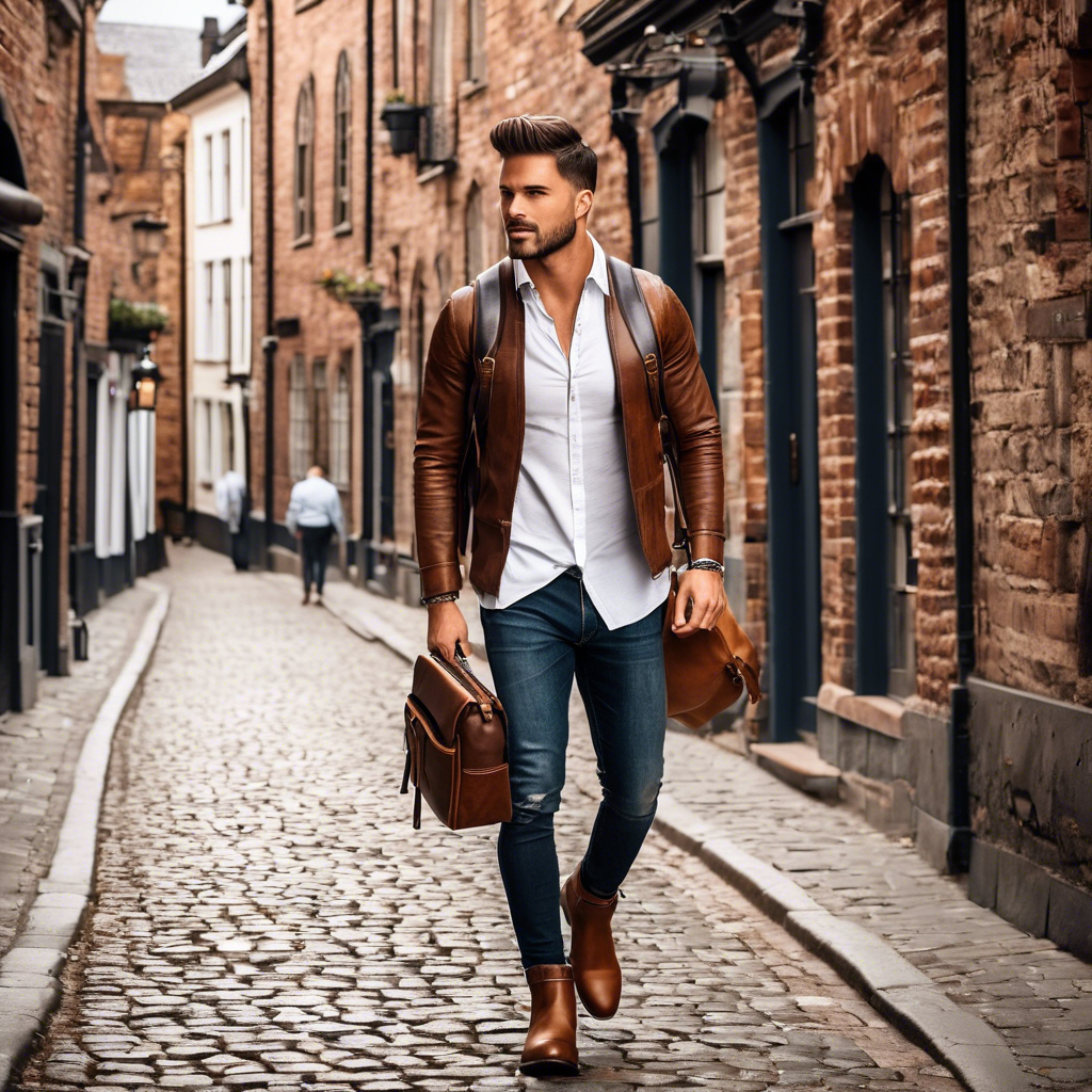 Man in stylish outfit with vintage leather bags walks down a cobblestone street, showcasing timeless fashion in a classic urban setting.