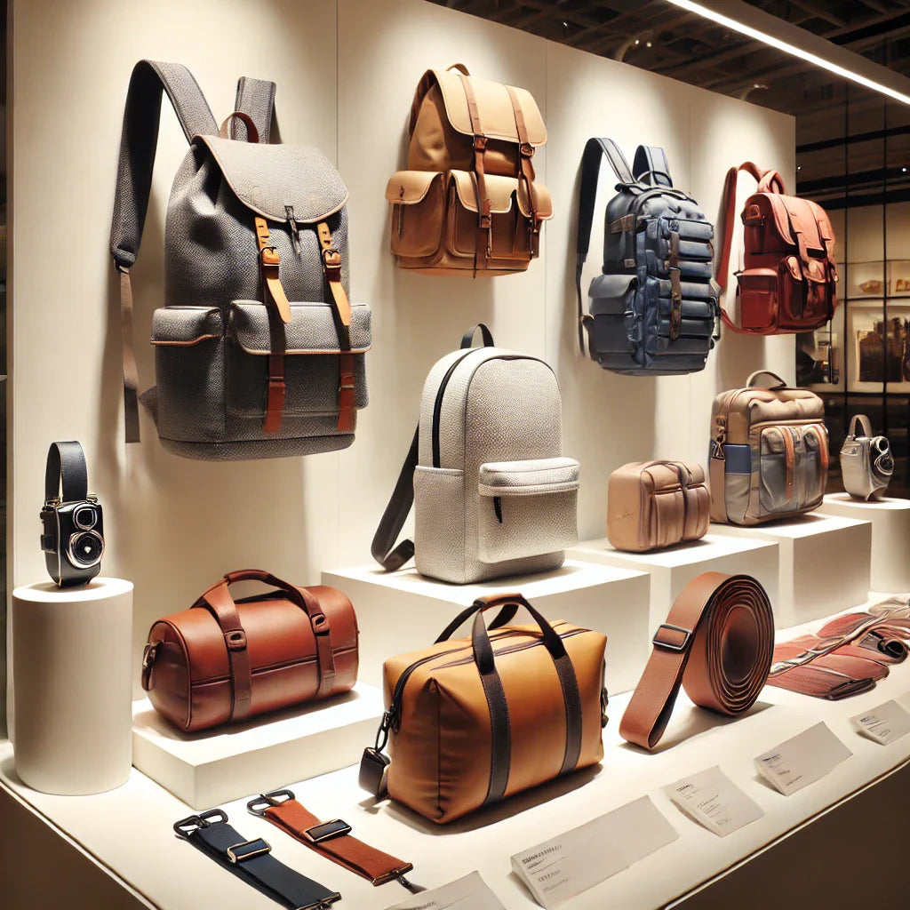 A display featuring different types of bags. Include a backpack, a duffle bag, a travel backpack, a belt bag, and a shoulder bag