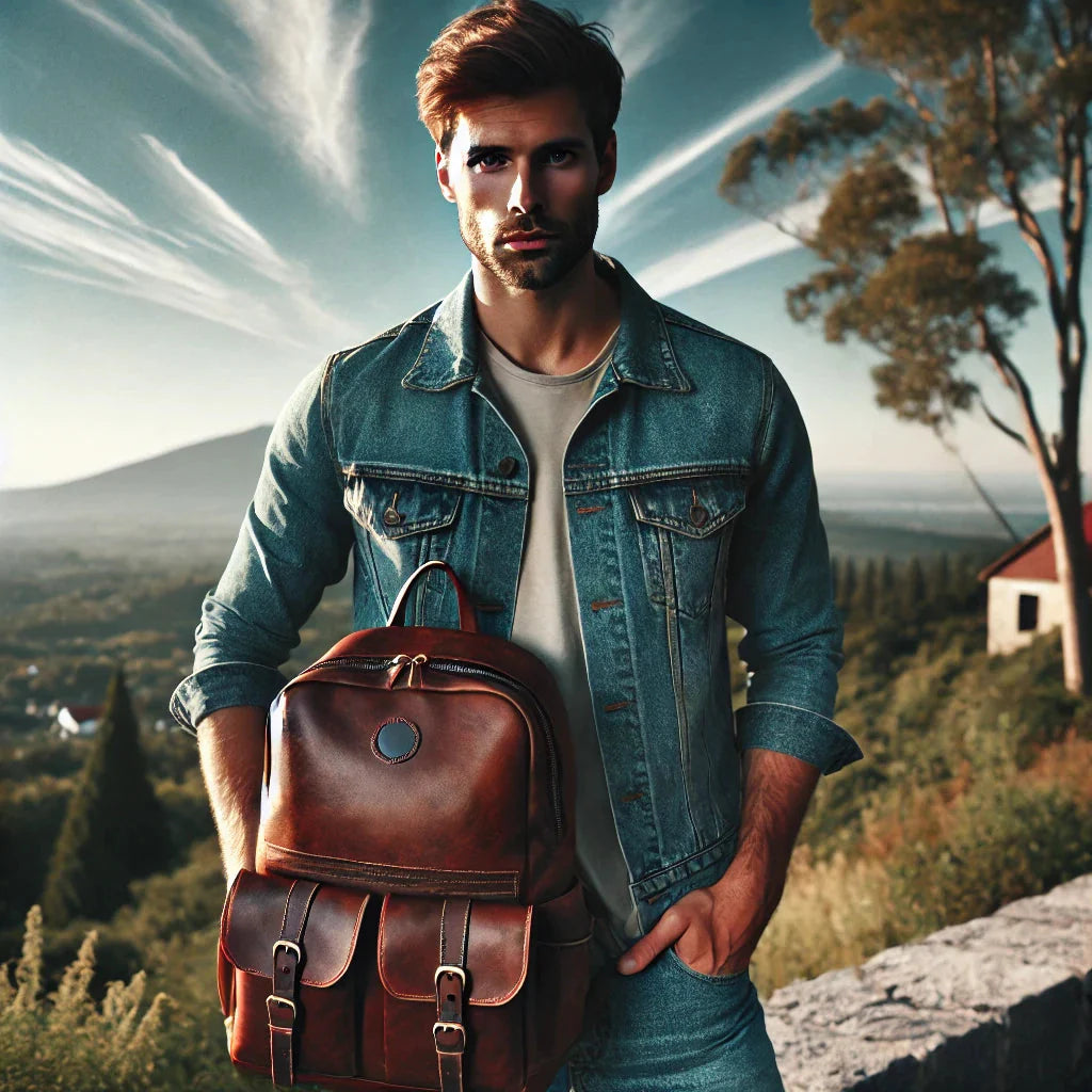  A man with a leather backpack standing in an outdoor setting. The man has short brown hair, wears a casual outfit consisting of a denim jacket