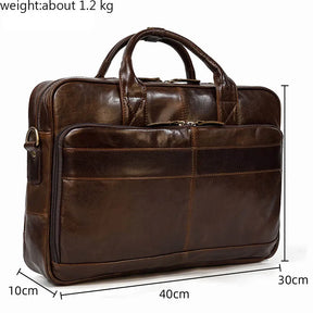 The Leather 16" Briefcase is a dark brown, professional-grade accessory crafted from genuine cow leather, featuring two handles and multiple compartments. It has dimensions of 30 cm in height, 40 cm in width, and 10 cm in depth, weighs approximately 1.2 kg, and includes an adjustable strap for added versatility.