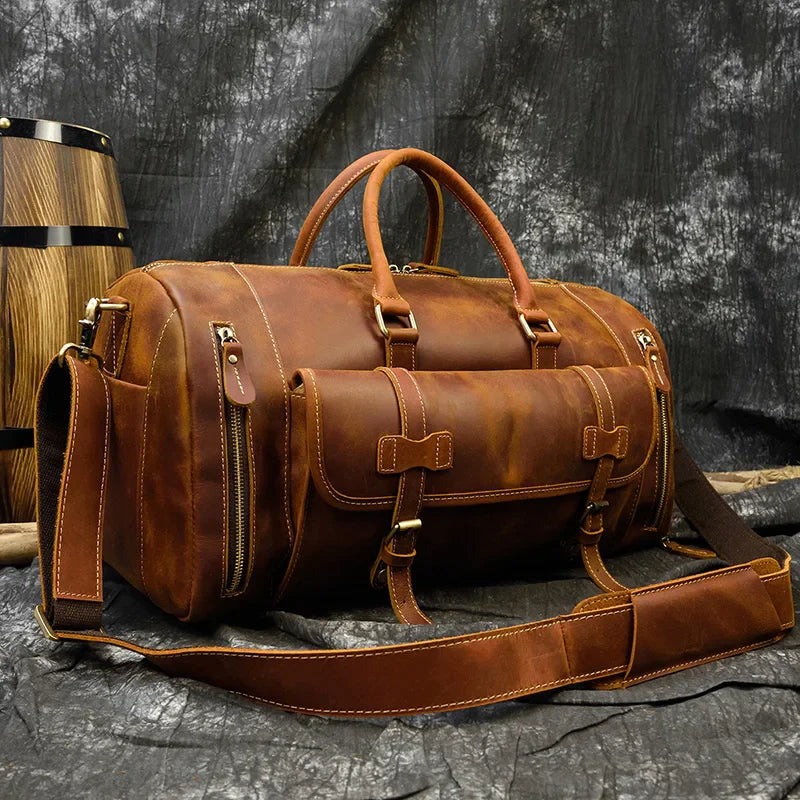 Weekender 20 Leather Travel Bag with shoe compartment and interior pockets, perfect men's leather duffle bag for travel