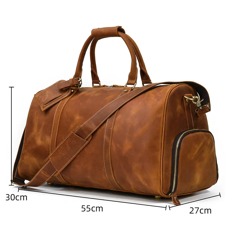 Introducing the Weekender 24 Duffle Bag, crafted from genuine cowhide leather. This brown duffel features dual handles, a shoulder strap, and multiple zippered compartments. Perfect for travelers; its spacious dimensions of 55 cm (length), 30 cm (height), and 27 cm (width) accommodate all your essentials.