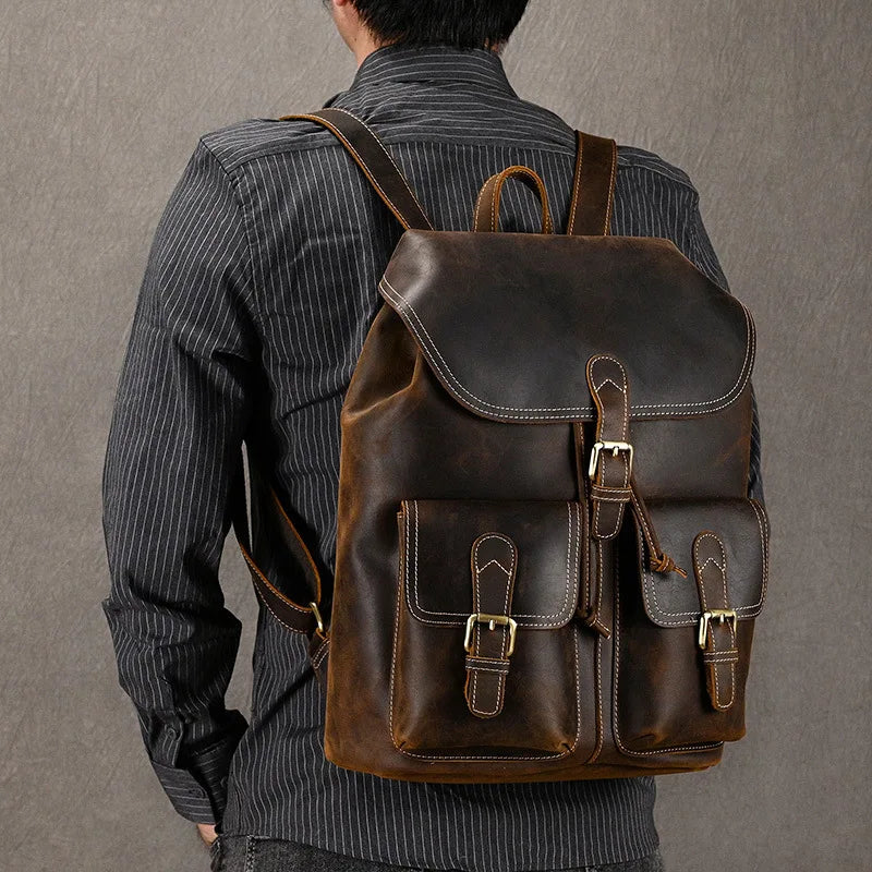 Genuine 2024 Leather Vintage Striped Backpack