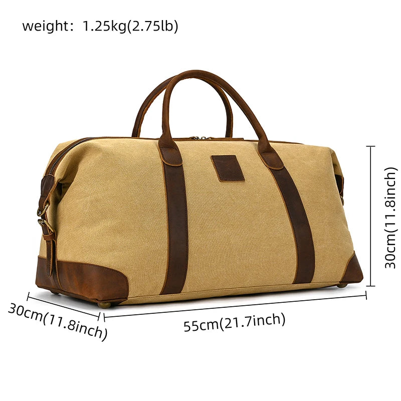 The Canvas & Leather Travel Duffle is a vintage tan bag with leather accents, two handles, and a detachable shoulder strap. It measures 55cm x 30cm x 30cm and weighs only 1.25kg (2.75lb), perfect for stylish adventures.