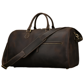 The Vintage Leather Travel Duffle features handles, a shoulder strap, a front zippered pocket, gold-tone hardware, and stitching accents. Its classic and elegant design makes it perfect for any journey.