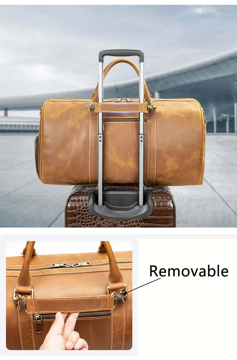 A Vintage Genuine Leather Travel Duffle Bag is elegantly secured on the handle of a rolling suitcase. Its roomy interior offers plenty of space for your essentials. Highlighted in an inset image, the removable strap enhances convenience. An airport terminal serves as the backdrop.