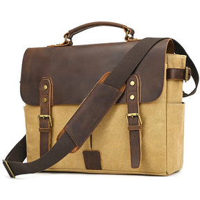 The Canvas & Leather Vintage Messenger Bag is a stylish men's briefcase with a light brown canvas body, dark brown genuine leather flap, adjustable shoulder strap, buckled closures, and side pockets.