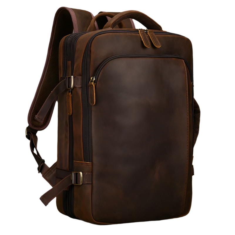 Introducing the Vintage Leather Travel Backpack, a stylish genuine leather accessory with a sleek dark brown finish and vintage design. It features multiple compartments, adjustable straps, a top handle, brass zippers, and offers both style and functionality for carrying your personal items.