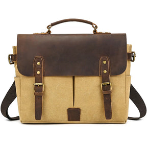 The Canvas & Leather Vintage Messenger Bag boasts a tan canvas body, genuine leather flap and buckles, a robust top handle, and an adjustable shoulder strap. It combines functionality with classic business elegance.