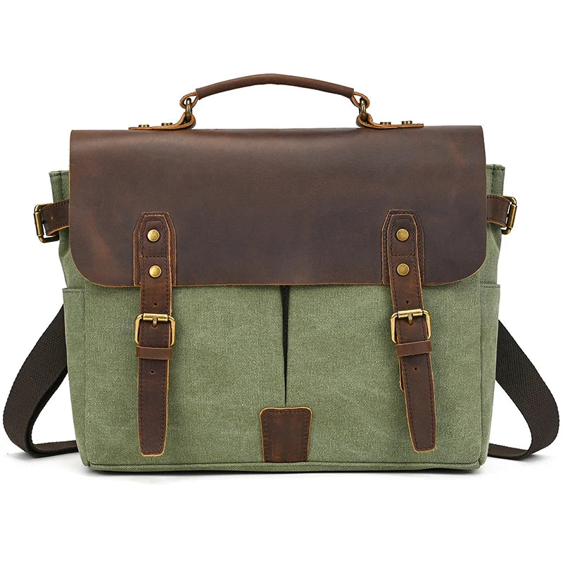 The Canvas & Leather Vintage Messenger Bag is a green canvas men's briefcase with a dark brown leather flap, two buckle straps, top handle, side pockets, and an adjustable shoulder strap, combining classic style and functional design.