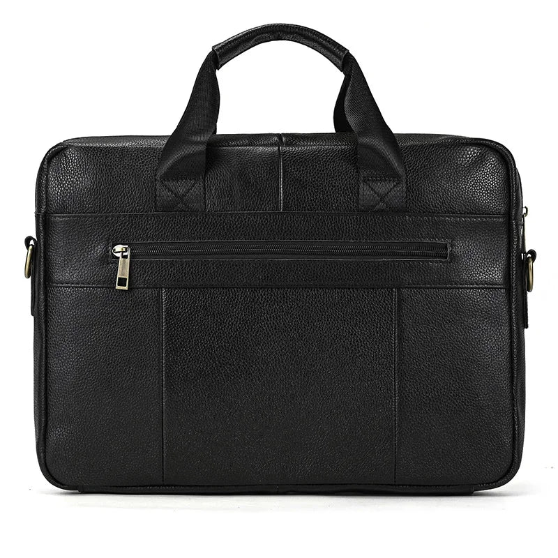 The Black Leather Briefcase boasts a textured finish and sturdy handles, crafted from genuine leather. It includes a front zippered pocket, metal hardware, and an adjustable shoulder strap. Its sleek and professional design features both interior and exterior pockets, making it ideal for business or travel use.