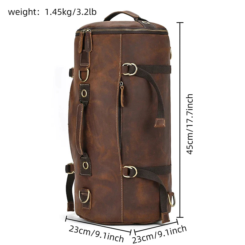 Presenting the Vintage Leather Travel Backpack, ideal for the stylish traveler. This stunning brown leather backpack is shown upright and features multiple straps and buckles. Made from genuine cowhide leather, it measures 45cm tall, 23cm wide, and 23cm deep, with a manageable weight of 1.45kg or 3.2lb.