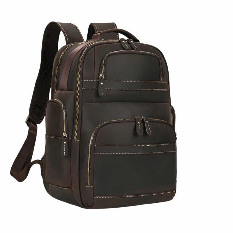 The "Genuine Leather Backpack with USB Charging, Waterproof" is a unisex backpack designed for on-the-go convenience, featuring multiple zippered compartments and accommodating a 16-inch laptop perfectly. With highlighted features like "Genuine Leather," "Fit 16” Laptop," and "USB Charging," this handmade brown leather backpack is an ideal choice.