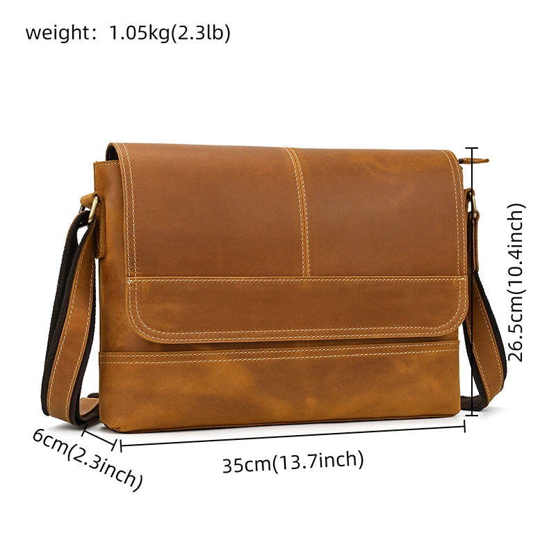 The Vintage Genuine Leather Messenger Bag is a versatile brown accessory that boasts a casual flap closure and an adjustable shoulder strap. Made from genuine leather, it measures 35cm x 26.5cm x 6cm (13.7in x 10.4in x 2.3in) and weighs only 1.05kg (2.3lb).