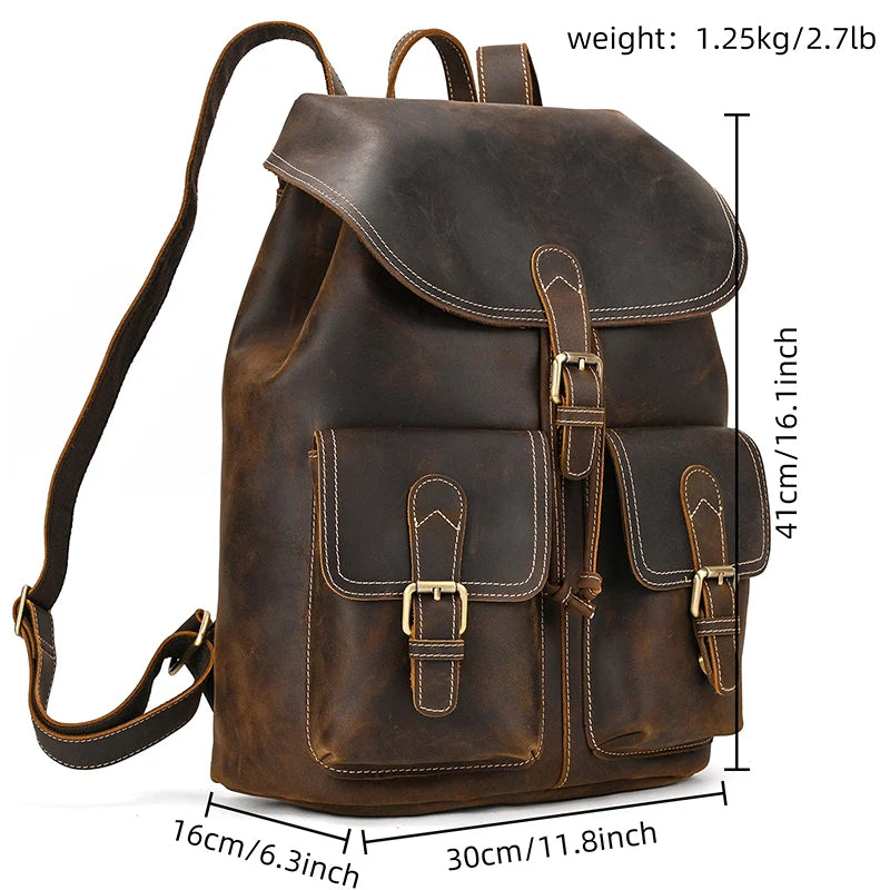 Introducing the Genuine Leather Vintage Backpack for men, featuring a casual style with detailed stitching and two front pockets secured with buckle closures. The backpack measures 41cm (16.1 inches) in height, 30cm (11.8 inches) in width, and 16cm (6.3 inches) in depth, weighing 1.25kg (2.7 pounds).