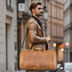 A man with short hair, wearing a brown leather jacket and carrying a Vintage Genuine Leather Travel Duffle Bag. He stands on a city street with blurred buildings in the background, exuding confidence and showcasing a versatile style.