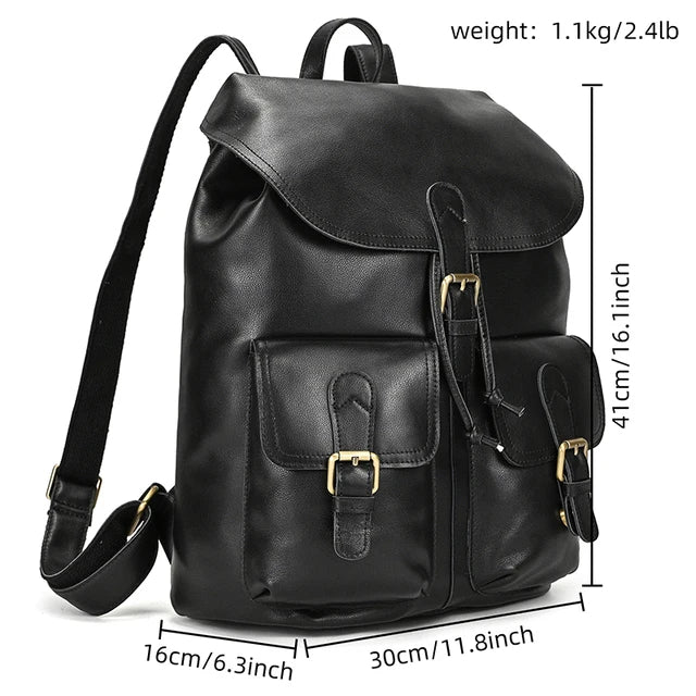 The Vintage Leather Backpack is showcased in black, complete with two front buckled pockets and adjustable straps. It measures 41cm (16.1 inches) in height, 30cm (11.8 inches) in width, and 16cm (6.3 inches) in depth, with a weight of only 1.1kg (2.4lb), making it an ideal travel accessory for any journey.