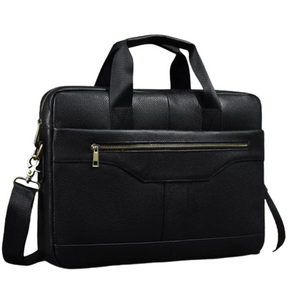 The 16" Leather Briefcase in sleek black genuine leather features double top handles, an adjustable detachable shoulder strap, and a front zippered pocket. This briefcase handbag boasts a minimalist design with subtle stitching details, making it ideal for both professional and casual use.