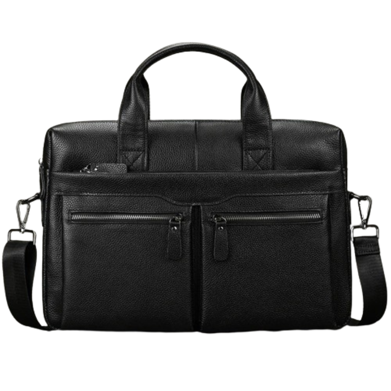 The 15" Black Briefcase boasts a sleek, genuine leather design with two sturdy handles and a detachable, adjustable shoulder strap. The front features two large zippered pockets and additional smaller compartments. The bag has a textured finish, with polished silver hardware accenting the zippers and clips.