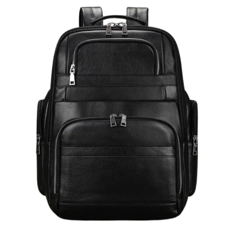 The Black Leather Travel Backpack boasts a sleek design with premium black leather construction. It features multiple zippered compartments and pockets, a top handle, and two adjustable shoulder straps. Its minimalist and contemporary design makes it perfect for both casual and professional use.