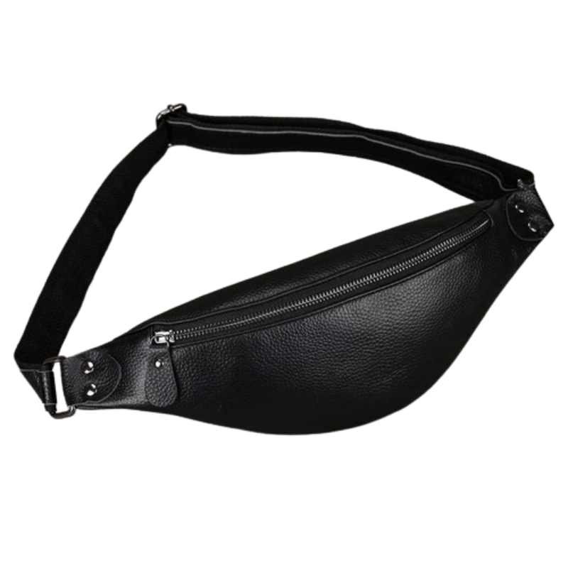 The Black Leather Belt Bag is made from premium black leather and comes with a zipper closure and an adjustable strap. Its versatile design includes silver-toned hardware like a buckle on the strap and two rivet accents near the zipper. It is displayed flat against a white background.