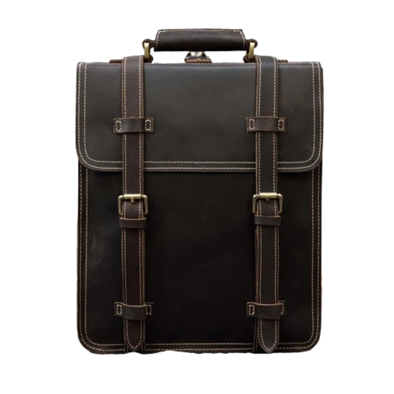 The Leather Business Travel Briefcase Backpack is a dark brown, genuine cowhide leather bag featuring a flap closure secured by two buckle straps. It includes a sturdy top handle and white stitching along the edges and straps, which contribute to its classic and rugged appearance. Ideal for business travel, this backpack comes with a lifetime warranty.