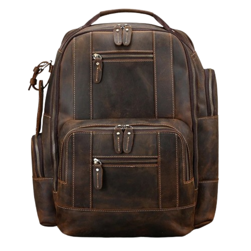 The **Vintage Leather Travel Backpack** is expertly crafted from genuine cowhide leather in a rugged, dark brown hue. It boasts multiple zippered compartments and pockets, a sturdy top handle, and adjustable shoulder straps. The aged, distressed finish imparts a classic, timeless look that makes it perfect for carrying all your travel essentials.