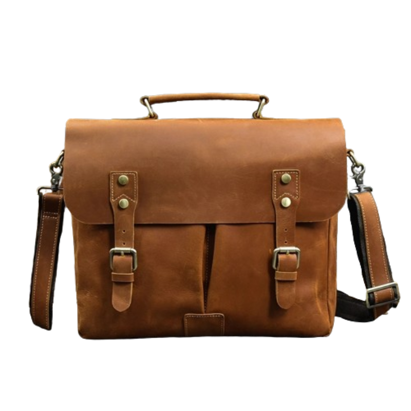 The Leather 14" Briefcase Shoulder Bag is a sophisticated accessory crafted from genuine cowhide. This brown leather briefcase features a polished finish and is designed with a top handle and an adjustable shoulder strap for versatile carrying options. The front flap covers a pocket and is secured with two front buckles adorned with brass hardware, adding to the classic appeal of the bag.