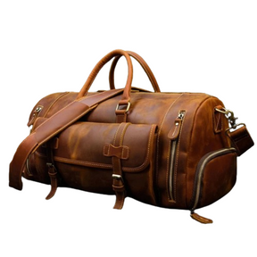 Weekender 20 Leather Travel Bag with shoe compartment and multiple pockets, perfect mens leather duffle bag for travel - stylish and durable.